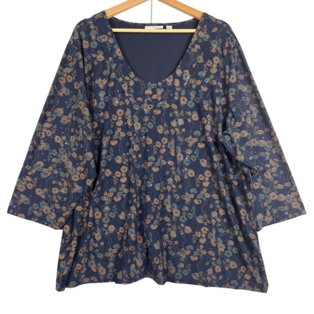 Susan Grave Navy Blue Floral Blouse Tunic Shirt‎ top Size 3X Women's 3/4 sleeve